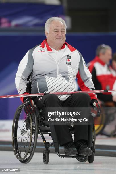 Jim Armstrong from Canada reacts during the World Wheelchair Curling Championship 2017 - test event for PyeongChang 2018 Winter Olympic Games at...