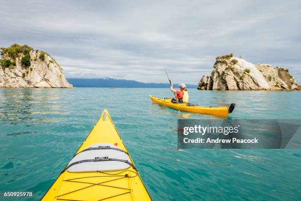 a woman is sea kayaking the coastline of abel tasman national park - abel tasman national park stock pictures, royalty-free photos & images