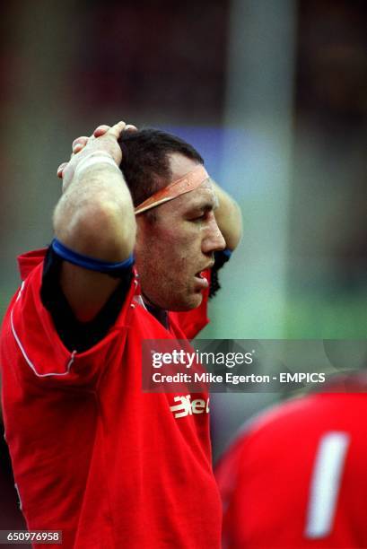 Wales' Robin McBryde sucks in deep breaths during a break in the action