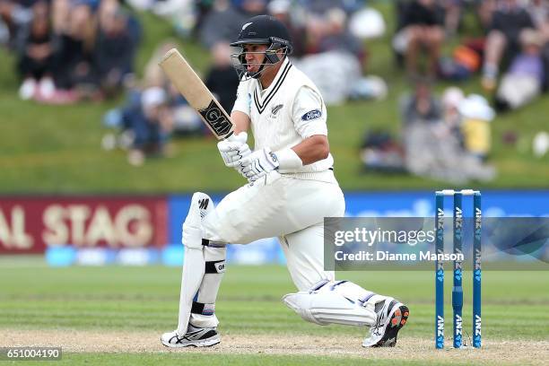 Ross Taylor of New Zealand bats during day three of the First Test match between New Zealand and South Africa at University Oval on March 10, 2017 in...