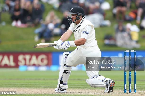 Ross Taylor of New Zealand bats during day three of the First Test match between New Zealand and South Africa at University Oval on March 10, 2017 in...