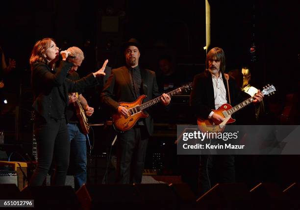 Patty Smyth, John McEnroe and Larry Campbell perform onstage during "Love Rocks NYC! A Change is Gonna Come: Celebrating Songs of Peace, Love and...