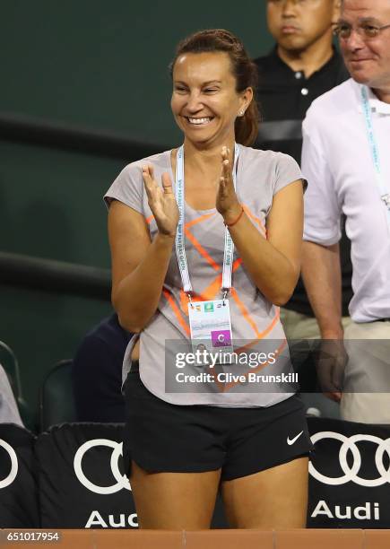 Iva Majoli coach of Donna Vekic of Croatia celebrates after her straight sets victory against Alison Riske of the United States in their first round...