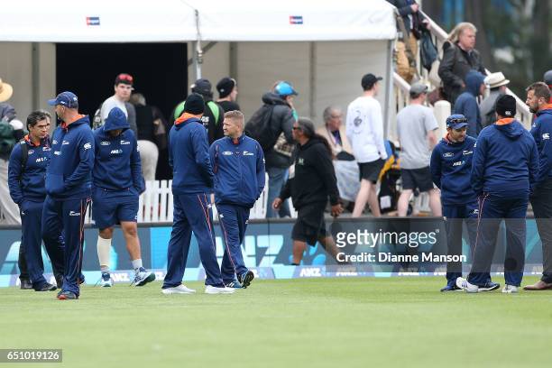 Players and team management leave due to a full field evacuation during day three of the First Test match between New Zealand and South Africa at...
