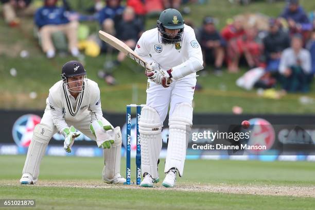 Hashim Amla of South Africa bats during day three of the First Test match between New Zealand and South Africa at University Oval on March 10, 2017...