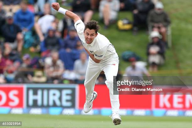 Trent Boult of New Zealand bowls during day three of the First Test match between New Zealand and South Africa at University Oval on March 10, 2017...