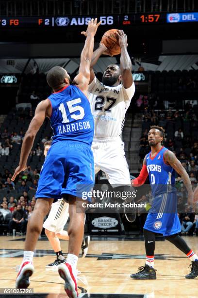 Daniel Nwaelele of the Austin Spurs shoots the ball during the game against the Delaware 87ers on March 9, 2017 at the AT&T Center in San Antonio,...