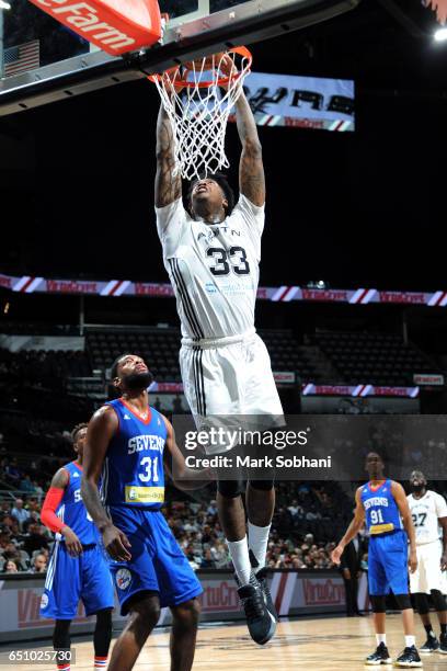 Charles Garcia of the Austin Spurs dunks the ball during the game against the Delaware 87ers on March 9, 2017 at the AT&T Center in San Antonio,...