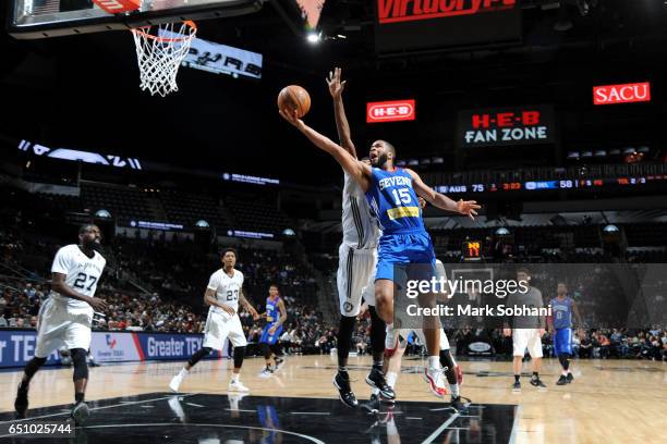 Aaron Harrison of the Delaware 87ers shoots a lay up during the game against the Austin Spurs on March 9, 2017 at the AT&T Center in San Antonio,...