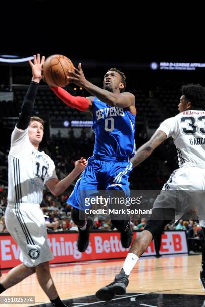Russ Smith of the Delaware 87ers goes to the basket during the game against the Austin Spurs on March 9, 2017 at the AT&T Center in San Antonio,...