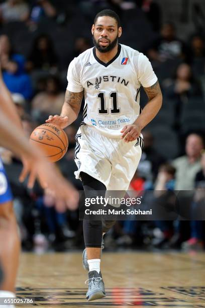 Demetri McCamey of the Austin Spurs brings the ball up court during the game against the Delaware 87ers on March 9, 2017 at the AT&T Center in San...