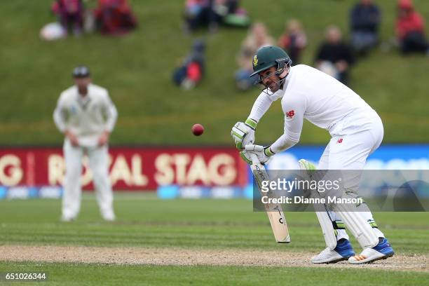 Dean Elgar of South Africa bats during day three of the First Test match between New Zealand and South Africa at University Oval on March 10, 2017 in...