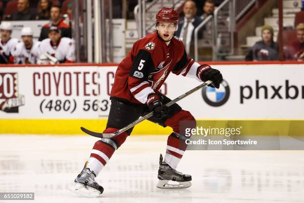 Arizona Coyotes defenseman Connor Murphy watches the play during the NHL hockey game between the Ottawa Senators and the Arizona Coyotes on March 9,...