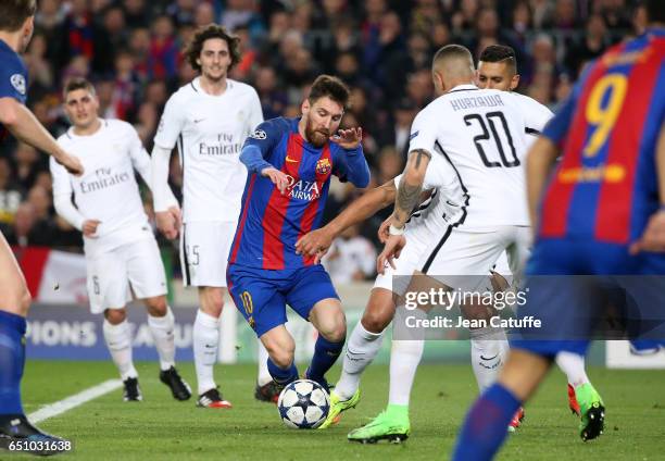 Lionel Messi of FC Barcelona in action during the UEFA Champions League Round of 16 second leg match between FC Barcelona and Paris Saint-Germain at...