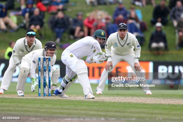 Dean Elgar of South Africa bats during day three of the First Test match between New Zealand and South Africa at University Oval on March 10, 2017 in...