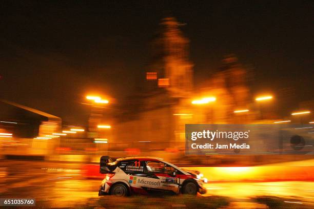 Juho Hanninen and Kaj Lidstrom of Toyota Gazoo Racing WRT team compete during the Start And Super Special Stage of the WRC Mexico on March 09, 2017...