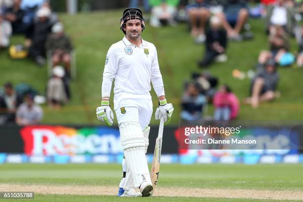 Dean Elgar of South Africa bats during day three of the First Test match between New Zealand and South Africa at University Oval on March 10, 2017 in...