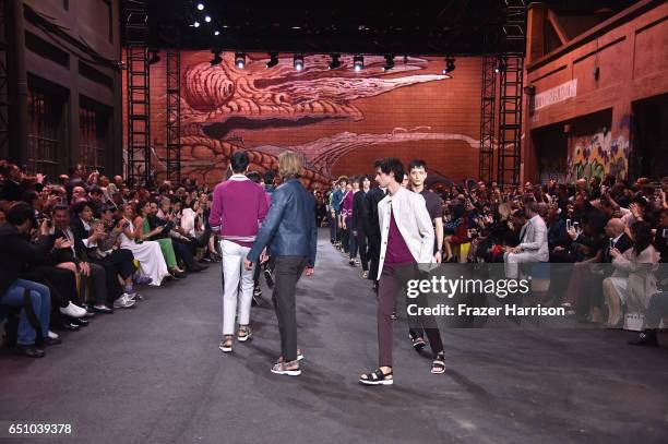 Models walk the runway at the Hermes: Dwtwn Men - s/s17 Runway Show on March 9, 2017 in Los Angeles, California.