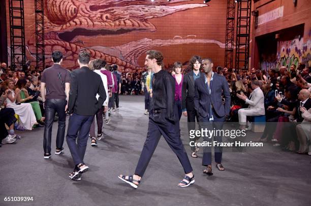 Models walk the runway at the Hermes: Dwtwn Men - s/s17 Runway Show on March 9, 2017 in Los Angeles, California.
