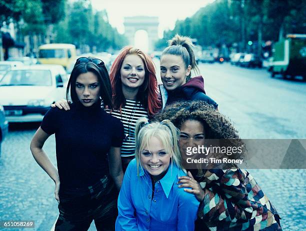 English pop girl group The Spice Girls in Paris, September 1996. Clockwise, from front: Emma Bunton , Victoria Beckham , Geri Halliwell ('Ginger...