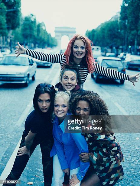 English pop girl group The Spice Girls in Paris, September 1996. Clockwise, from front: Emma Bunton , Victoria Beckham , Melanie Chisholm , Geri...