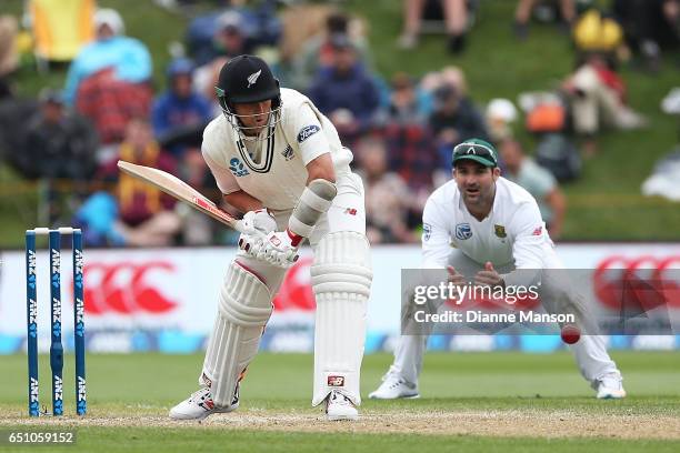 Trent Boult of New Zealand bats during day three of the First Test match between New Zealand and South Africa at University Oval on March 10, 2017 in...