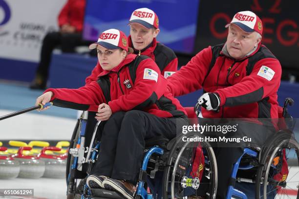 Daria Shchukina from Russia delivers a stone during the World Wheelchair Curling Championship 2017 - test event for PyeongChang 2018 Winter Olympic...