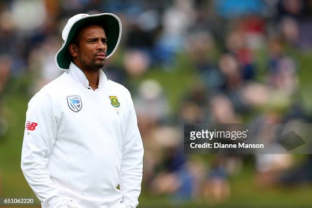 Vernon Philander of South Africa looks on during day three of the First Test match between New Zealand and South Africa at University Oval on March...