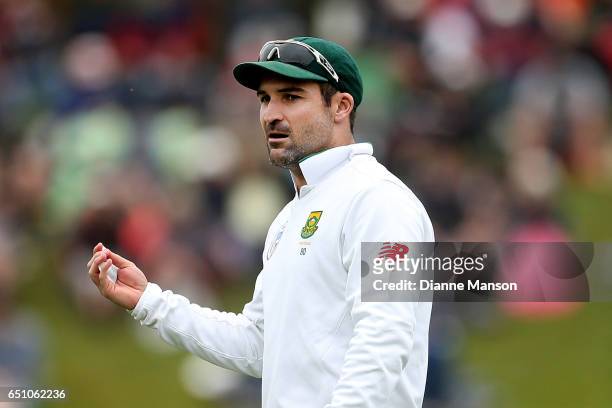 Dean Elgar of South Africa looks on during day three of the First Test match between New Zealand and South Africa at University Oval on March 10,...