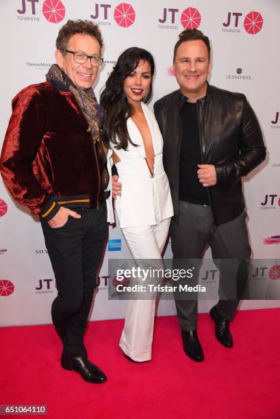 Fernanda Brandao, german designer Guido Maria Kretschmer and his husband Frank Mutters attend the JT Touristik Pink Carpet party at Hotel De Rome on...
