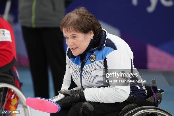 Aileen Neilson from Scotland reacts during the World Wheelchair Curling Championship 2017 - test event for PyeongChang 2018 Winter Olympic Games at...