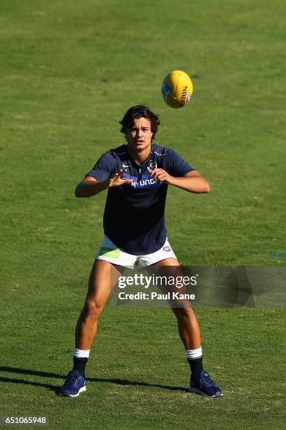 Jack Silvagni of the Blues warms up before the JLT Community Series AFL match between the Fremantle Dockers and the Carlton Blues at Domain Stadium...