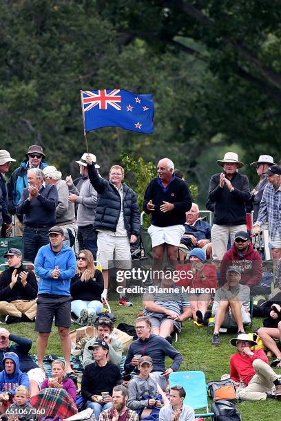 Supporters look on during day three of the First Test match between New Zealand and South Africa at University Oval on March 10, 2017 in Dunedin, New...
