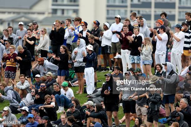 Supporters react during day three of the First Test match between New Zealand and South Africa at University Oval on March 10, 2017 in Dunedin, New...