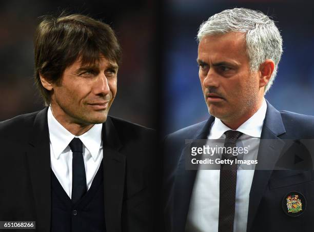 In this composite image a comparision has been made between Antonio Conte, Manager of Chelsea and Jose Mourinho,Manager of Manchester United. Chelsea...
