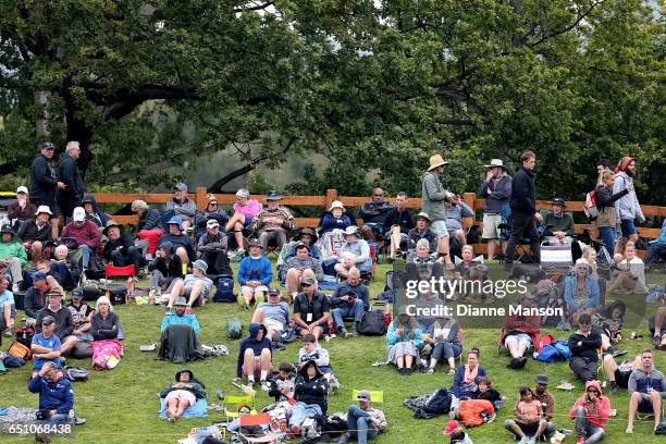 Supporters look on during day three of the First Test match between New Zealand and South Africa at University Oval on March 10, 2017 in Dunedin, New...