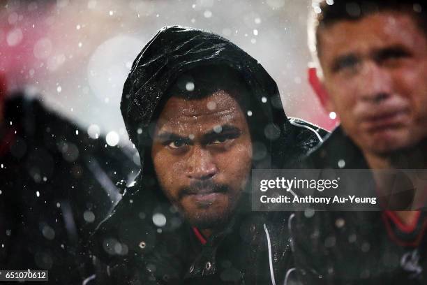 Sam Lisone of the Warriors looks on from the bench during the round two NRL match between the New Zealand Warriors and the Melbourne Storm at Mt...