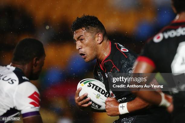 Albert Vete of the Warriors on the charge during the round two NRL match between the New Zealand Warriors and the Melbourne Storm at Mt Smart Stadium...