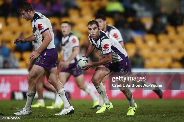 Cameron Smith of the Storm in action during the round two NRL match between the New Zealand Warriors and the Melbourne Storm at Mt Smart Stadium on...