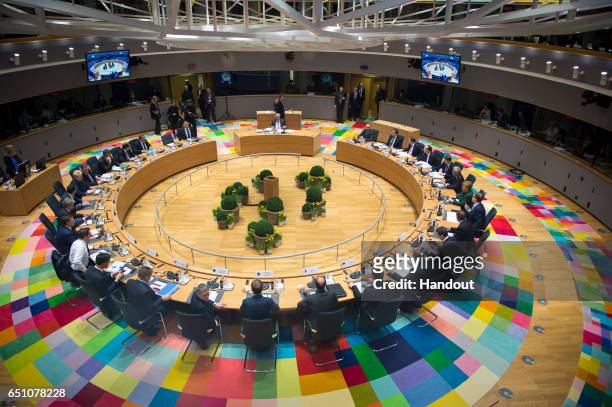 Leaders of the Council of the European Union sit in the round for the second day of an EU summit on March 10, 2017 in Brussels, Belgium. EU leaders...