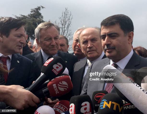 Governor of Istanbul Vasip Sahin speaks to media at the crash scene after an helicopter crashes in Istanbul's Buyukcekmece, Turkey on March 10, 2017.