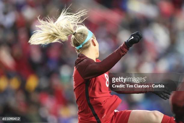 Julie Johnston of United States in action during the USA Vs England SheBelieves Cup match at Red Bull Arena on March 4, 2017 in Harrison, New Jersey.