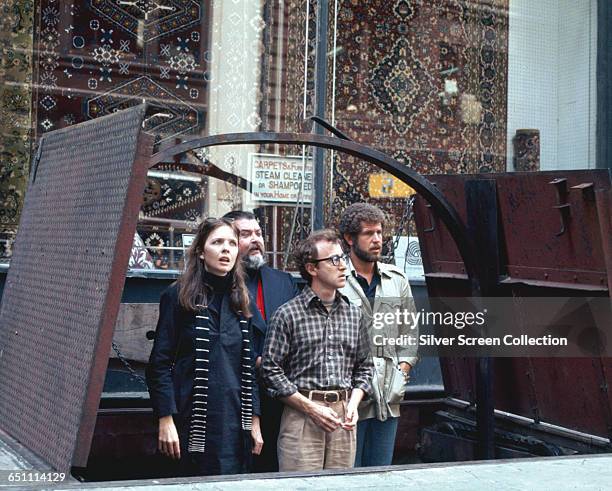 Actress Diane Keaton as Annie Hall, actor, writer and director Woody Allen as Alvy Singer and actor Tony Roberts as Rob in the film 'Annie Hall',...
