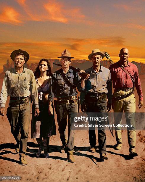 From left to right, actors Burt Lancaster, Claudia Cardinale, Lee Marvin, Robert Ryan and Woody Strode in the western 'The Professionals, 1966.