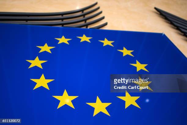 An EU logo is displayed at the European Commission headquarters on March 10, 2017 in Brussels, Belgium. EU leaders have gathered for a two-day summit...