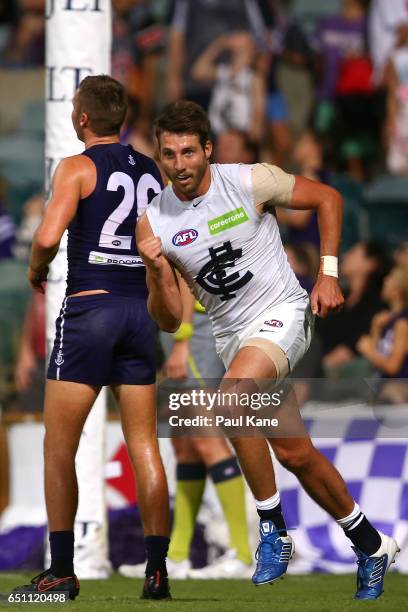 Dale Thomas of the Blues celebrates a goal during the JLT Community Series AFL match between the Fremantle Dockers and the Carlton Blues at Domain...