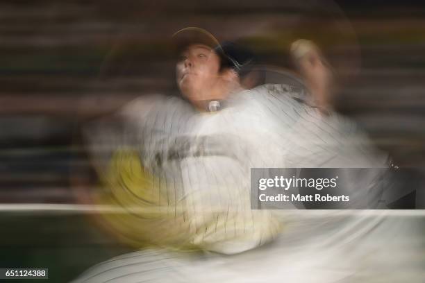 Pitcher Yuki Matsui of Japan throws in the top of the seventh inning during the World Baseball Classic Pool B Game Six between China and Japan at...