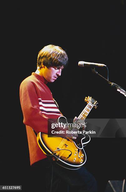 Guitarist Noel Gallagher performing with Oasis on one of two nights at Knebworth House, Hertfordshire, 10th-11th August 1996.