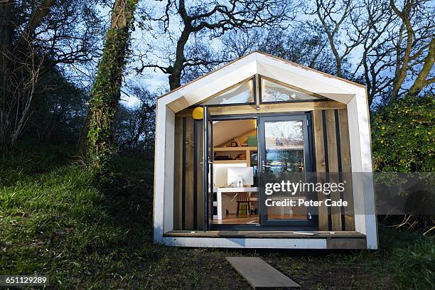 self built office in garden - garden office bildbanksfoton och bilder