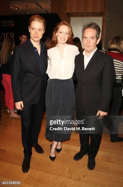 Freddie Fox, Clare Foster and Tom Hollander attend the Olivier Awards 2017 nominees celebration at Rosewood London on March 10, 2017 in London,...